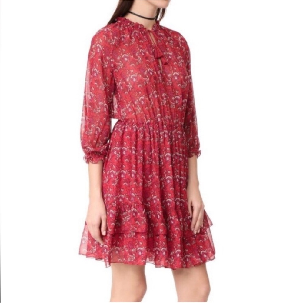 Ulla Johnson Ruby Red Ollie Dress Size 4 100% Silk Floral Mini Dress Peasant